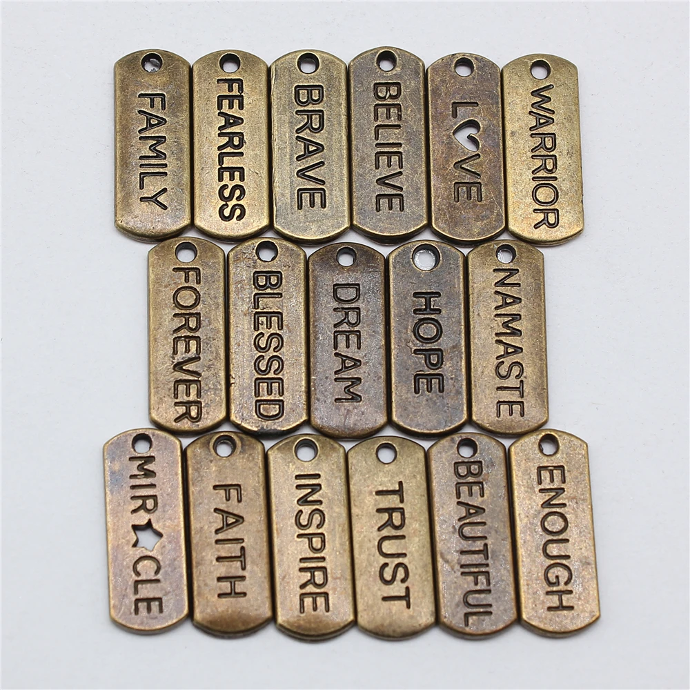 10pcs Antique Bronze Color Inspire Words LOVE HOPE FAITH BLESSED TRUST DREAM BRAVE FEARLESS Charms For Jewelry Making