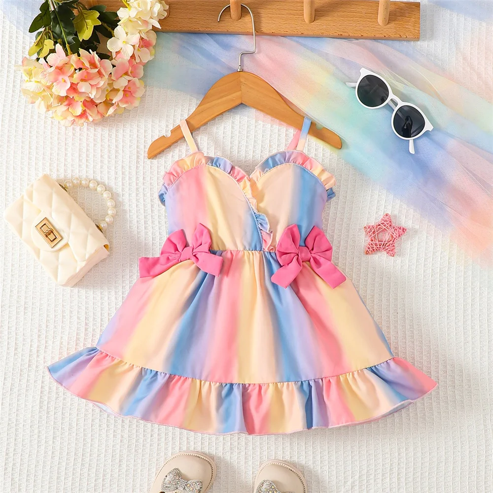 0-3 Years Baby Girl Rainbow Color Dress Fashion Suspender Bow Dresse Sweet Toddler Girl Summer Daily Gatherings Wear