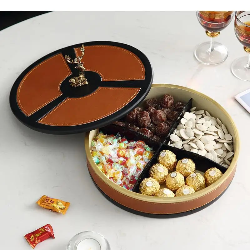 Resin Leather Round Dried Fruit Box with Cover Deer Decoration Snack Platter Candy Plate Storage Food Tray