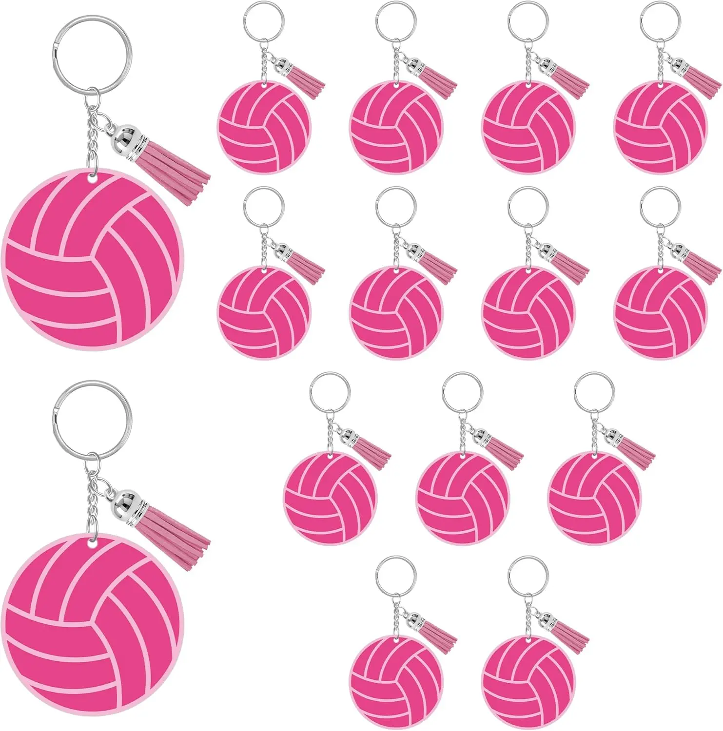 

15 Piece Pink Acrylic Volleyball Keychain Set with Tassel and Ring for Team Players