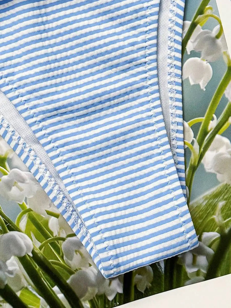 

Blue Striped Triangle Bikini Bottoms Women Swimwear Beach Vacation Set