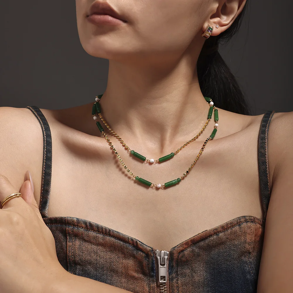 Green Aventurine Bamboo Necklace for Women New Chinoiserie National Trend Niche Versatile Stainless Steel Clavicle Chain Elegant Neck Necklace