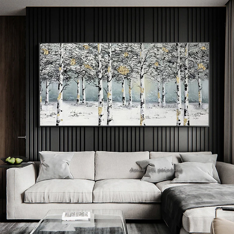 Impressionist Landscape Oil Painting, Gold Foil Snow Birch Forest Palette Knife Wide Canvas Nordic Wall Art