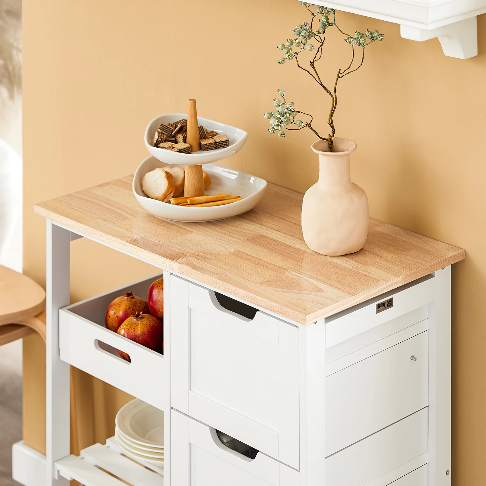 SoBuy FKW79 Küchenwagen zum Rollen mit 2 abnehmbaren Ablagen und 1 Tablett Rollwagen Für Küche, Wohnzimmer, Esszimmer – Detail 12
