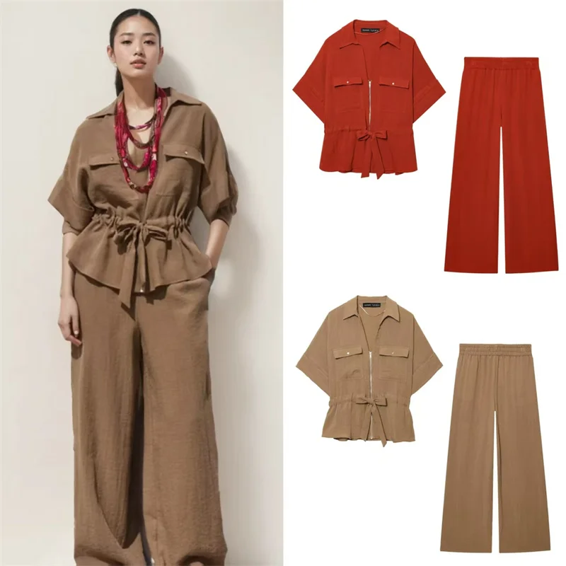 

Women's Set 2025 Summer New Style Solid Color Hunting Short Sleeve Shirt and Wide Leg Pants Set Casual Fashion Personality