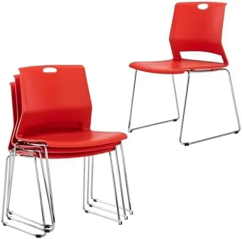 Stackable Plastic Chairs, Red School Chairs With Wide Seat, 4 Armless Chairs For Waiting Room, Canteen, Dining Room, Classroom