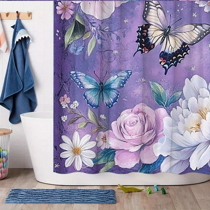 ~O~Butterfly & Flower Shower Curtain - Blue & Black Butterflies, Flowers on Purple, 70.8x70.8 Inches, 12 Hooks, Washable Polyest
