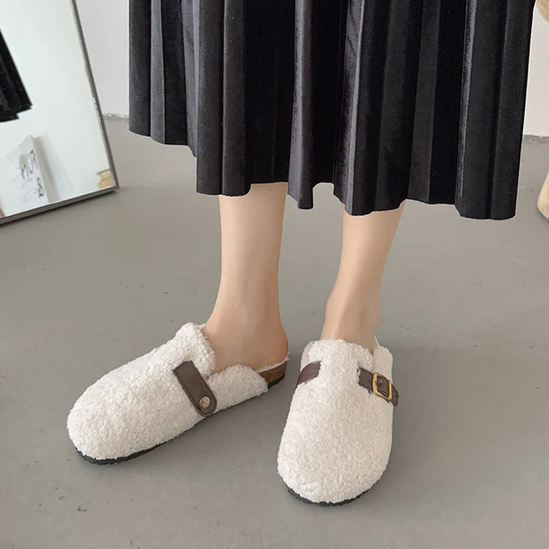 2023 Lambswool Mules Women Belt Buckle Slippers Winter Clogs Shoes Woman Platfoem Cover Toe Plush Fur Slides Outdoor Fuzzy Shoes