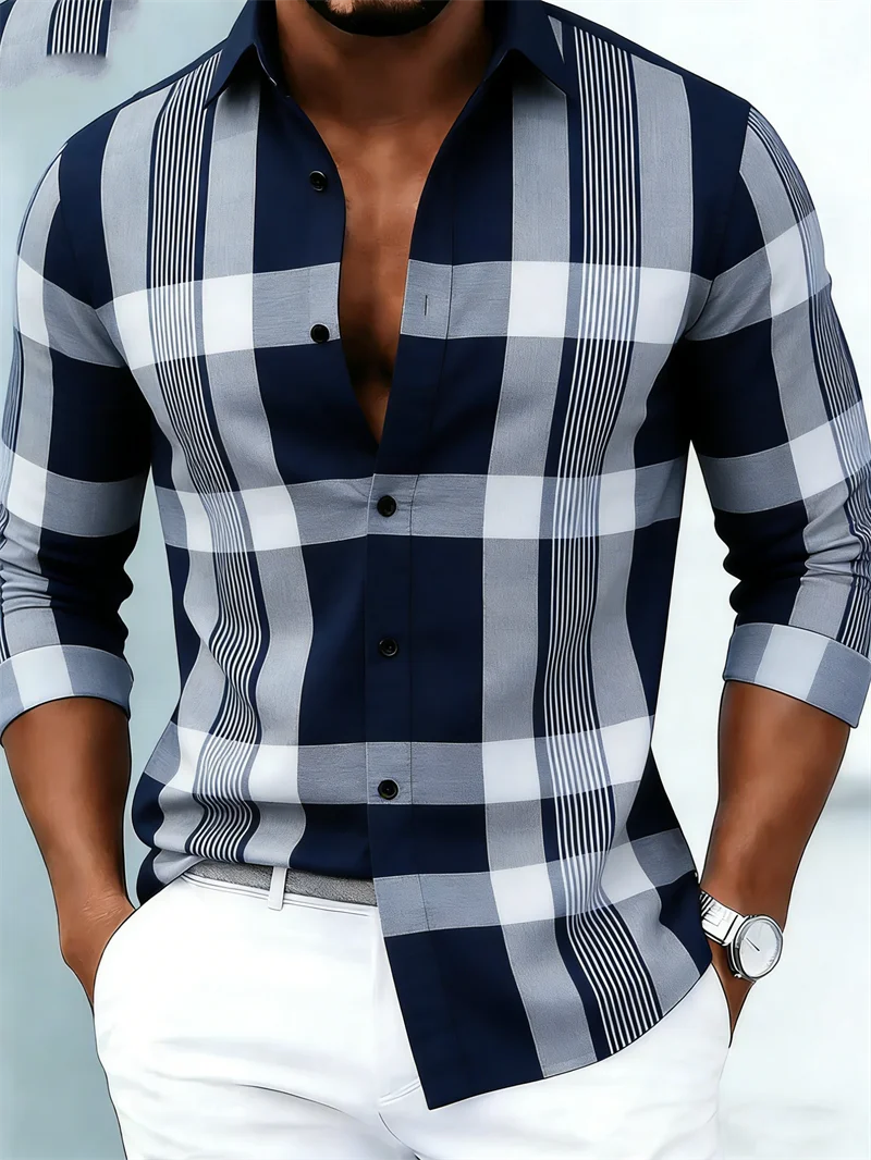 New men's long sleeved shirt casual fashion 3D striped print high-quality shirt single breasted long sleeved top image 2