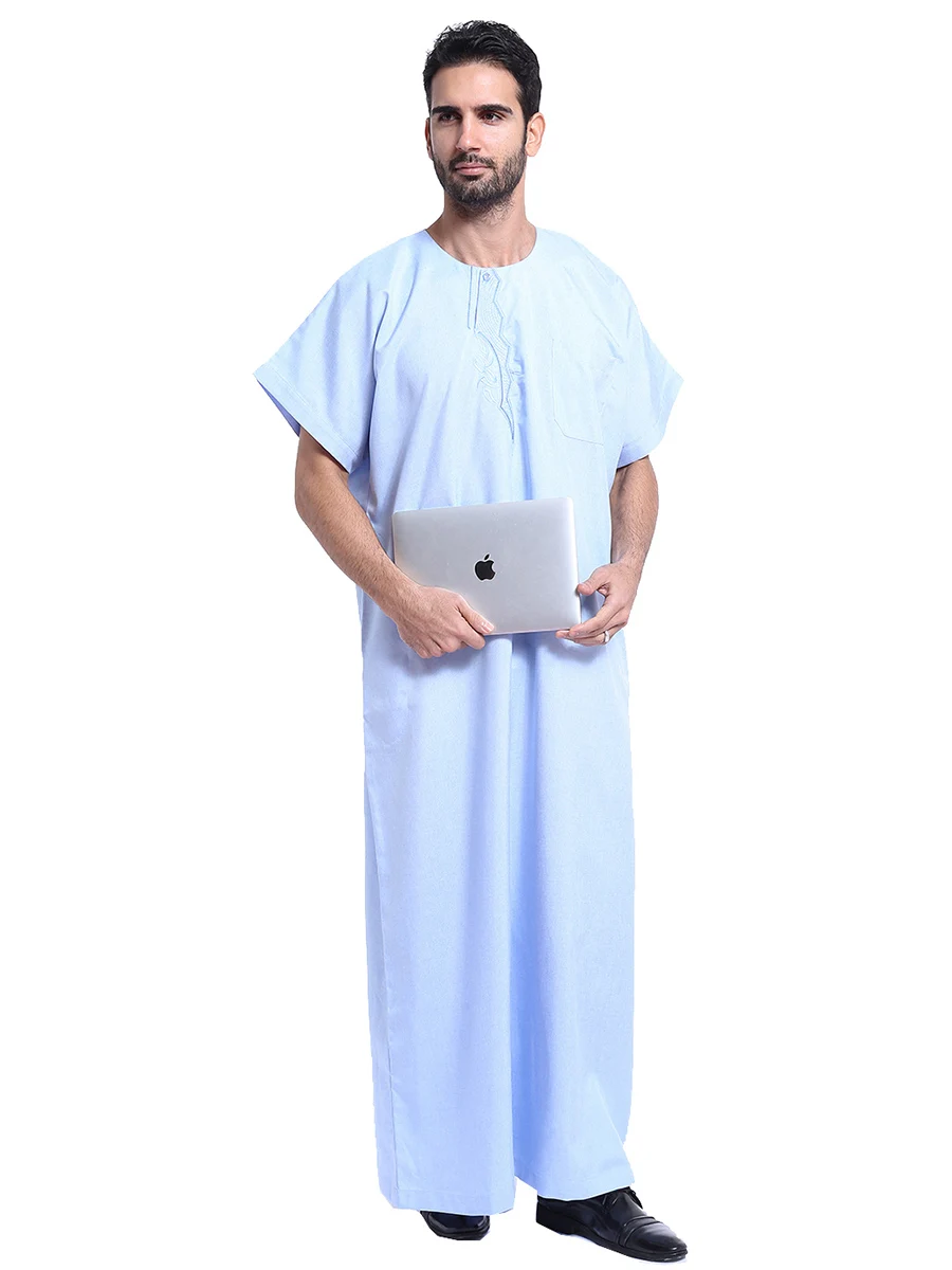 Muslim Men Short Sleeves Round Collar Pure Color Embroidery Robe Arab Male Adult Ankle Length Thobe Ramadan Eid Clothes