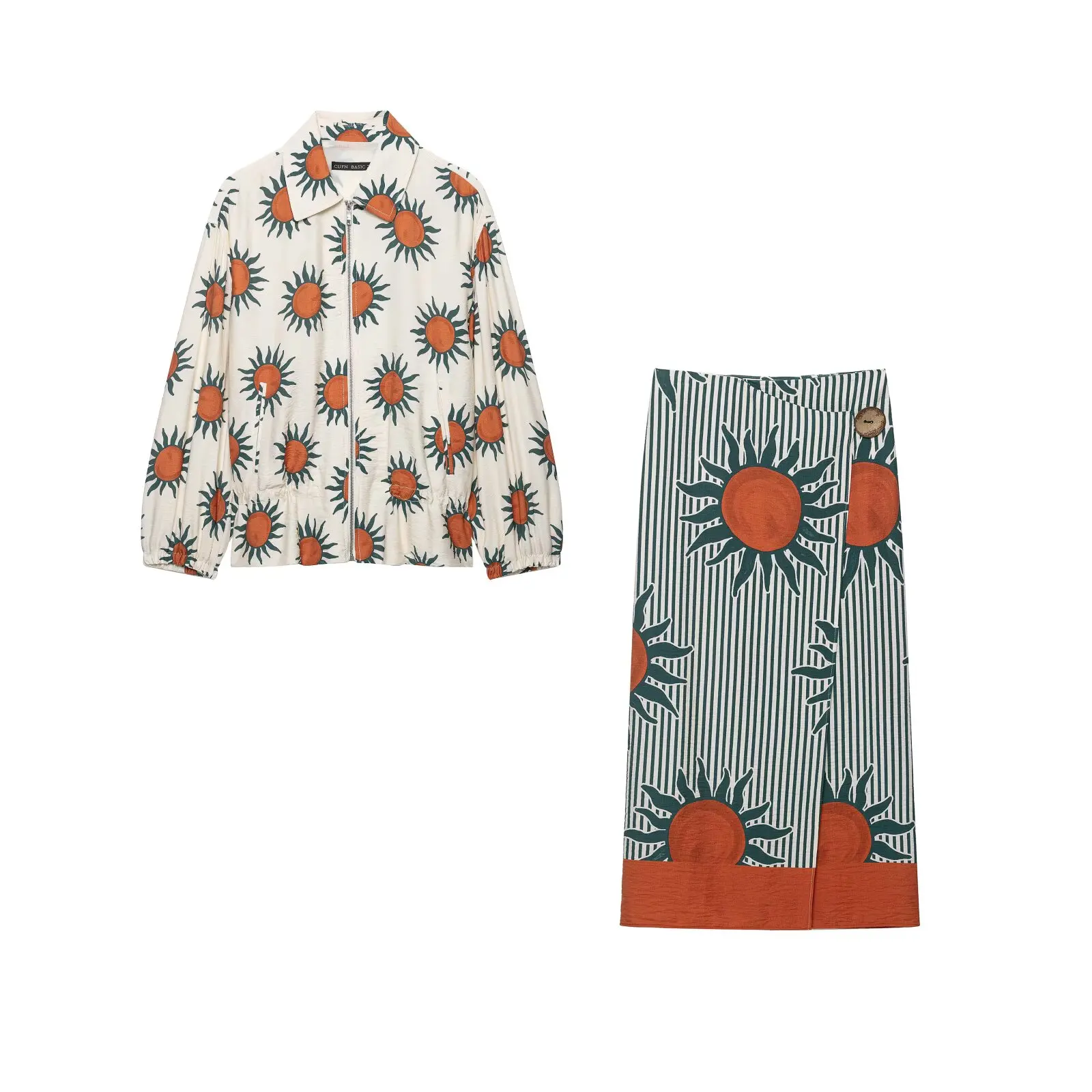 KLKXMYT Damen-Set, Modischer Print, Bomberjacke mit Reißverschluss, Mantel, Sarong-Midirock, Lässiges Outfit für den Herbst 2026, Elegantes Damen-Outfit – Detail 4