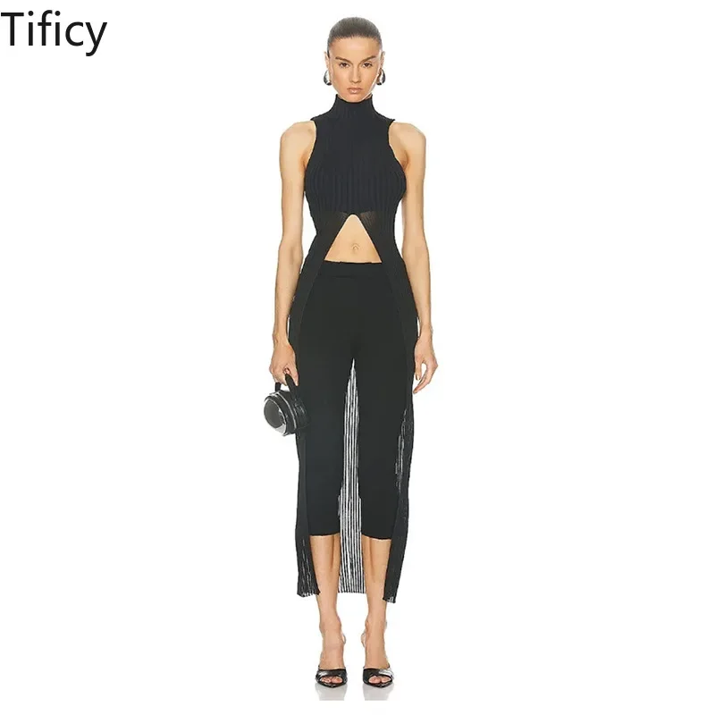 

TIFICY Fashion Sexy Women's Knit Summer Personalized Stand Up Collar Sleeveless Split Perspective Knitted Sexy Long Tanks Top