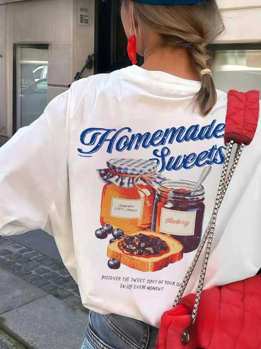 

Blueberry Sauce Toast Fun Pattern Белые рубашки Тонкие толстовки из 100% чистого хлопка Sweet Women Girls Kawaii Y2K Топы Atuumn Trendy