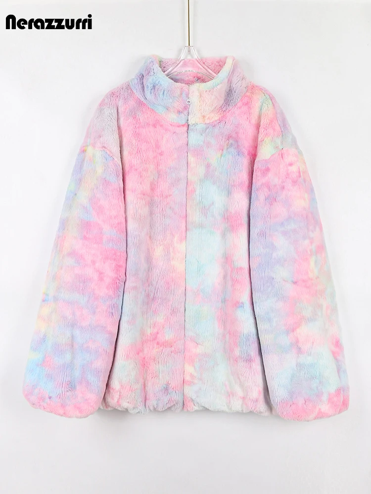 Nerazzurri Winter Colorful Casual Loose Thick Warm Faux Fur Coat Women Long Sleeve Stand Collar Zip Up Tie Dye Fluffy Jacket