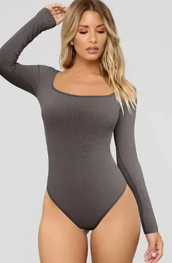 Body Sexy de manga larga para mujer, Top ajustado de Color liso con cinta ajustada, otoño e invierno, 2023