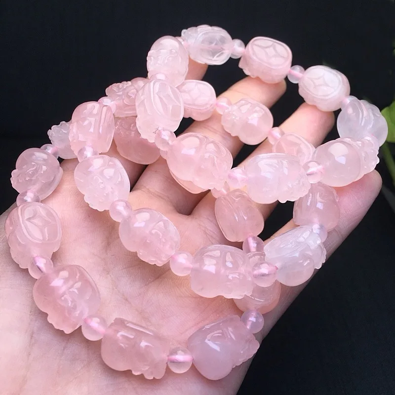 Natural Pi Xiu Rough Stone Carved Hikyuu PinkRoss Quartz Bracelet Only Swallow Money and Fortune