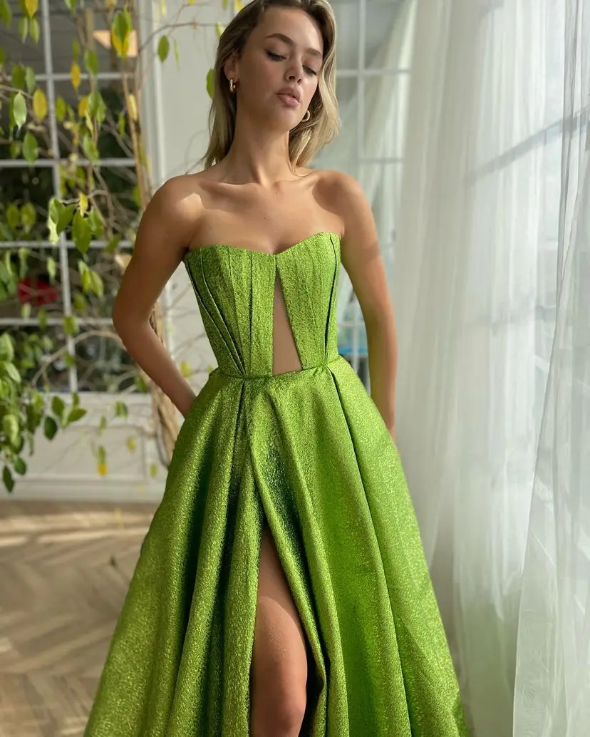 Sapmae Strapless A-line Vent Floor-length Court Train Zipper Up Satin Green Elegant Prom Formal Evenning Party Dress For Women