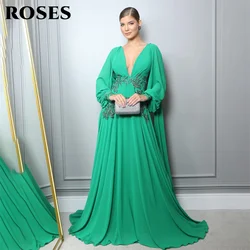 ROSES Beach Deep V Neck Formal Dresses Long Sleeves Party Dress For Wedding Appliquea Lace Special Occasion Dress robe soirée