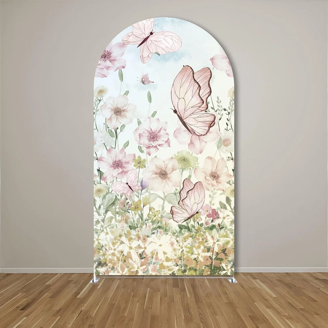 Moclicka penutup lengkungan 2 sisi, spanduk foto pesta ulang tahun anak, latar belakang dekorasi bunga kupu-kupu merah muda