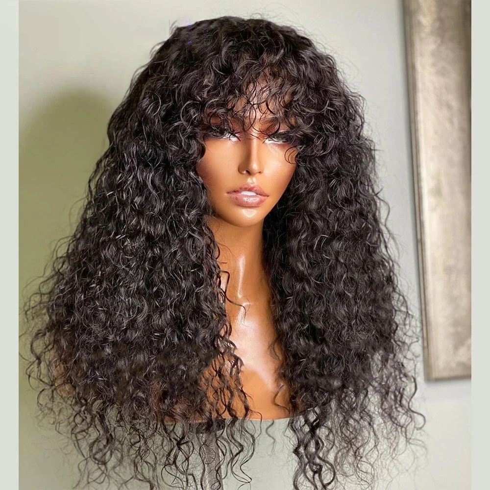 

Soft Natural Black 26Inch Kinky Curly Long 180Density Machine Wig With Bangs For Women High Temperature Fiber Glueless Daily