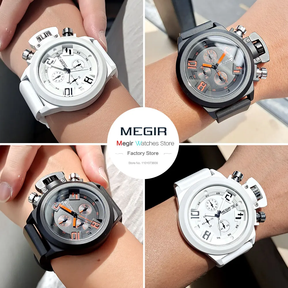 MEGIR Military Sport Watches Men White Silicone Strap Chronograph Quartz Wristwatch with Auto Date Waterproof Large Face 2002