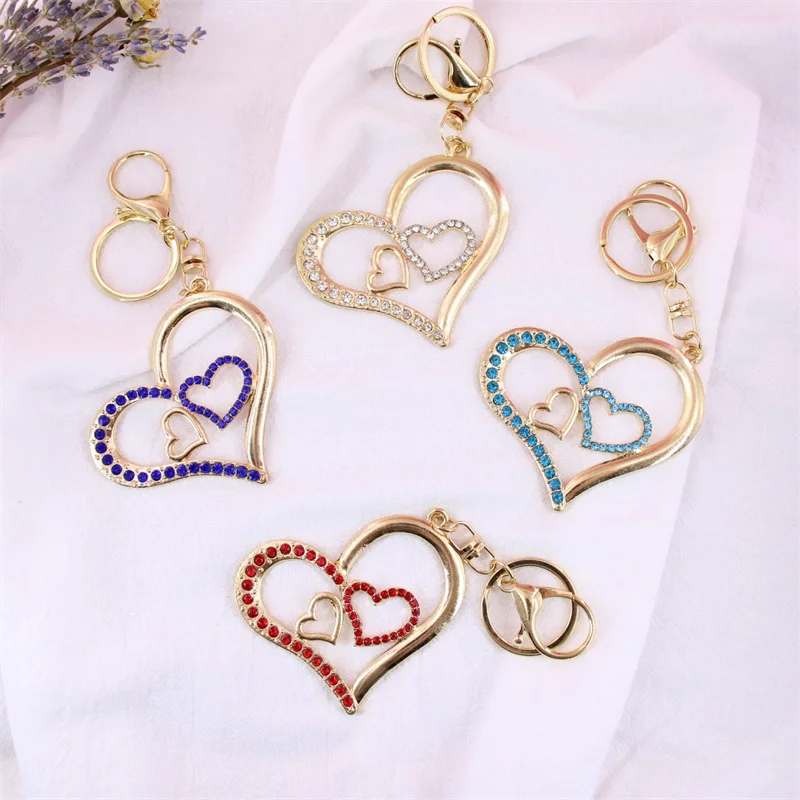 Creative Hollow out Ceramic Clay Full Diamond Love Key Chain Sticking Water Diamond Car Key Pendant Simple