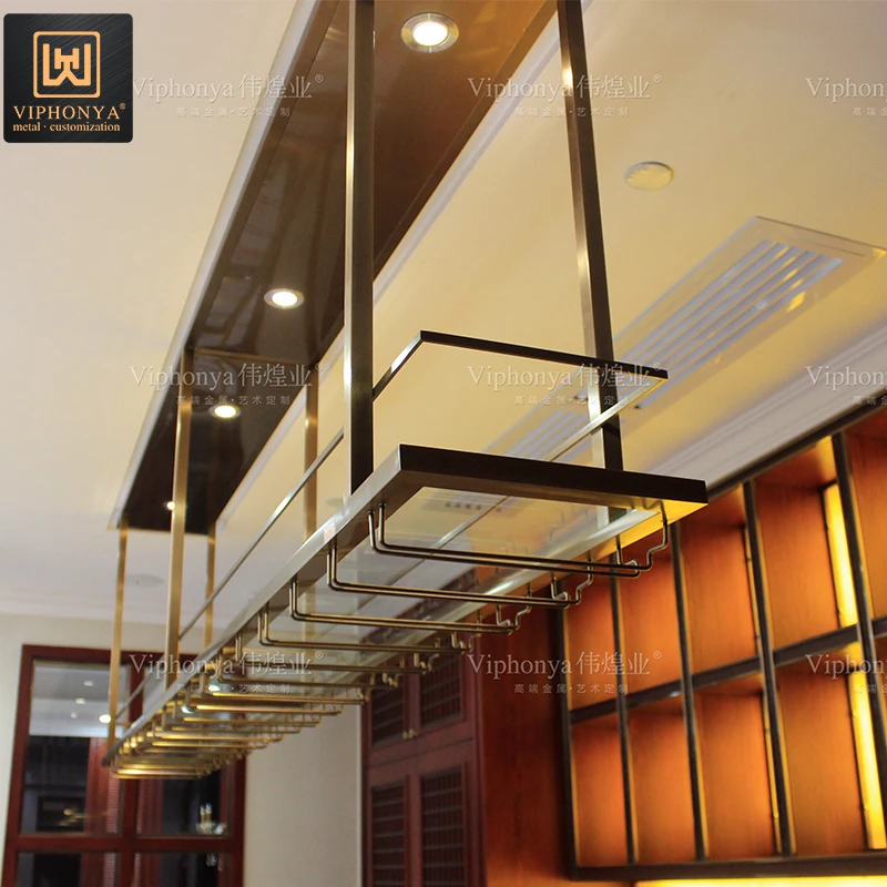 Unique Design Of Curved Metal Wine Rack Hotel Restaurant Bar Wine Display Cellar Ceiling Punched Display Stainless Steel Stand