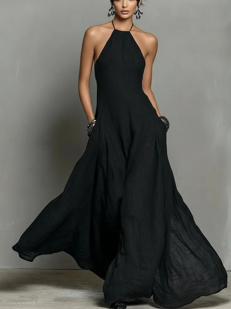 

Textured Halter Neck Long Dress Women, Solid Color, Loose Fit A A-Line Summer Long Dress