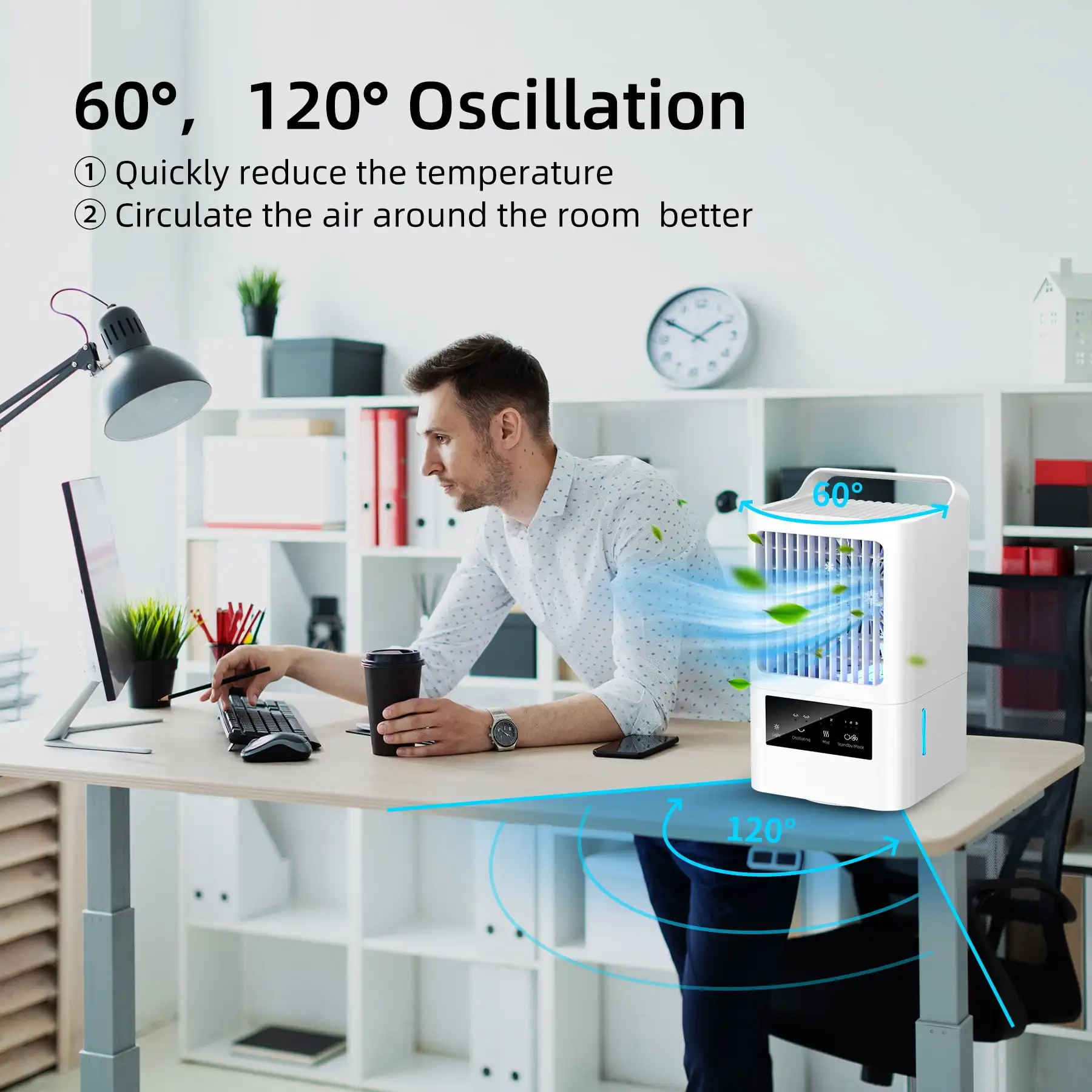 Портативные кондиционеры, персональный испарительный воздухоохладитель, небольшой вентилятор, 120 ° Осциллирующий увлажнитель тумана для комнаты, офиса, спальни