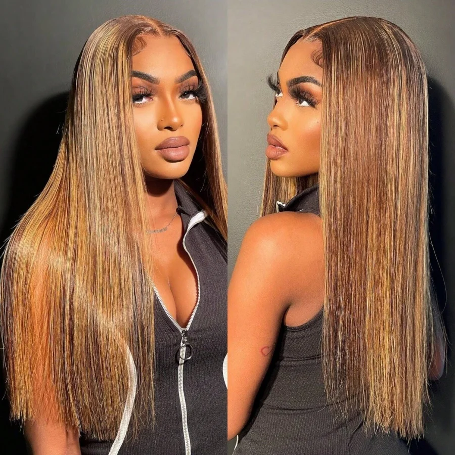 200% تسليط الضوء على شعر مستعار 13x4 HD الدانتيل الشفاف الباروكات الأمامية العسل شقراء شعر طبيعي مفرود الباروكات للنساء 34 بوصة قبل قطعها