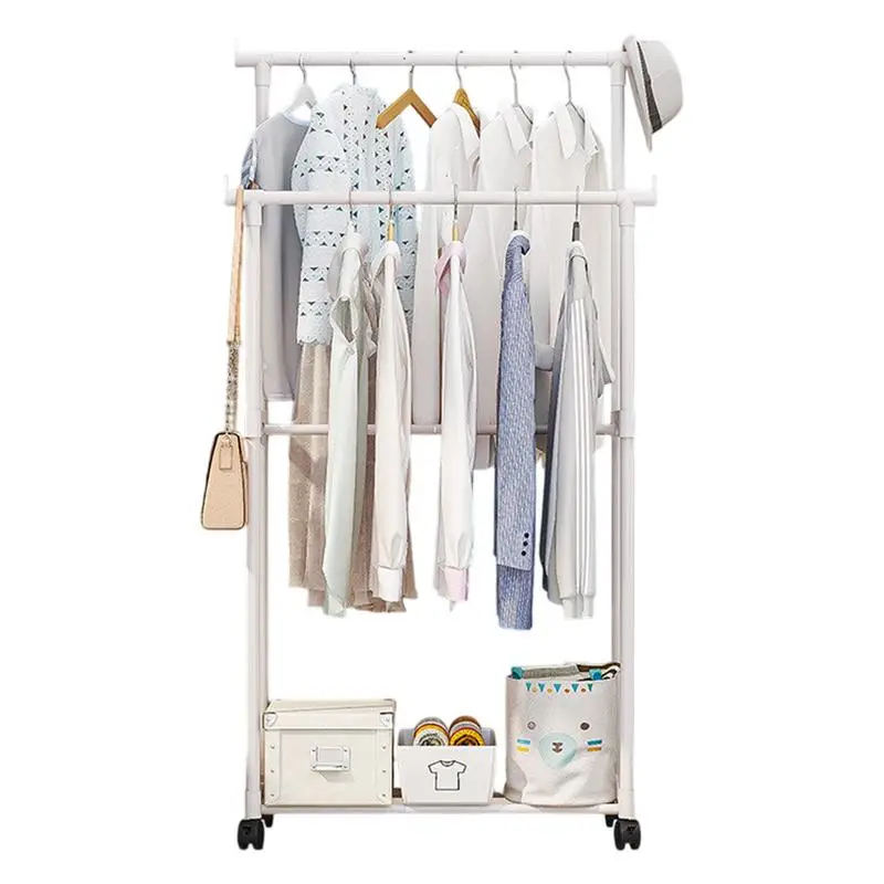 Double Clothes Rack Metal Heavy Duty Clothing Rack Rolling Closet Organizers And Storage Multi-Functional Wardrobe Space Saver