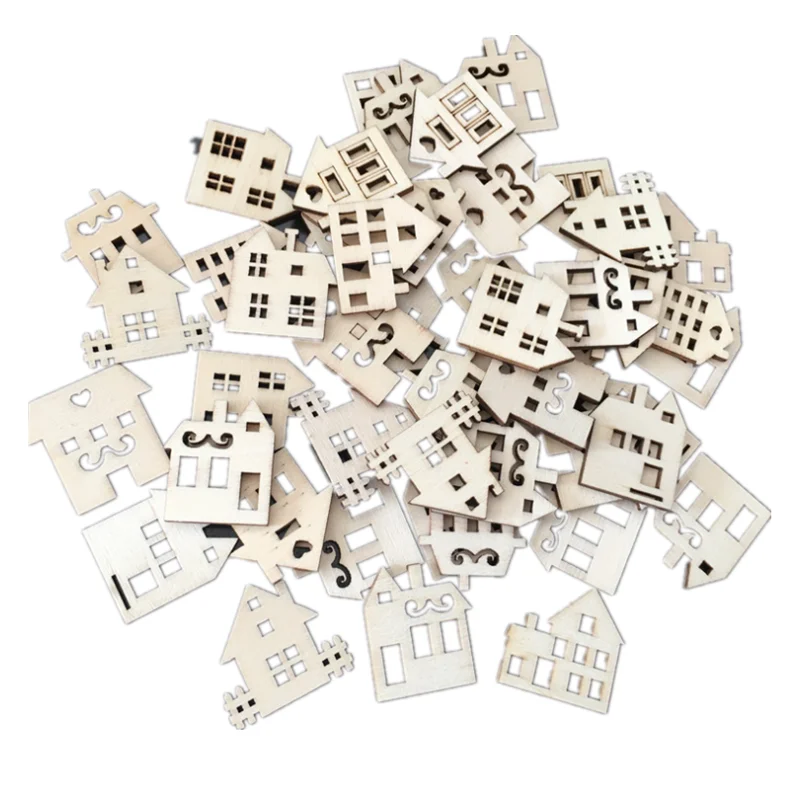 50PCS 30mm Wooden House Shaped Embellishments Hanging Ornaments Unfinished Wood Cutouts Ornaments for Christmas Crafts Decor