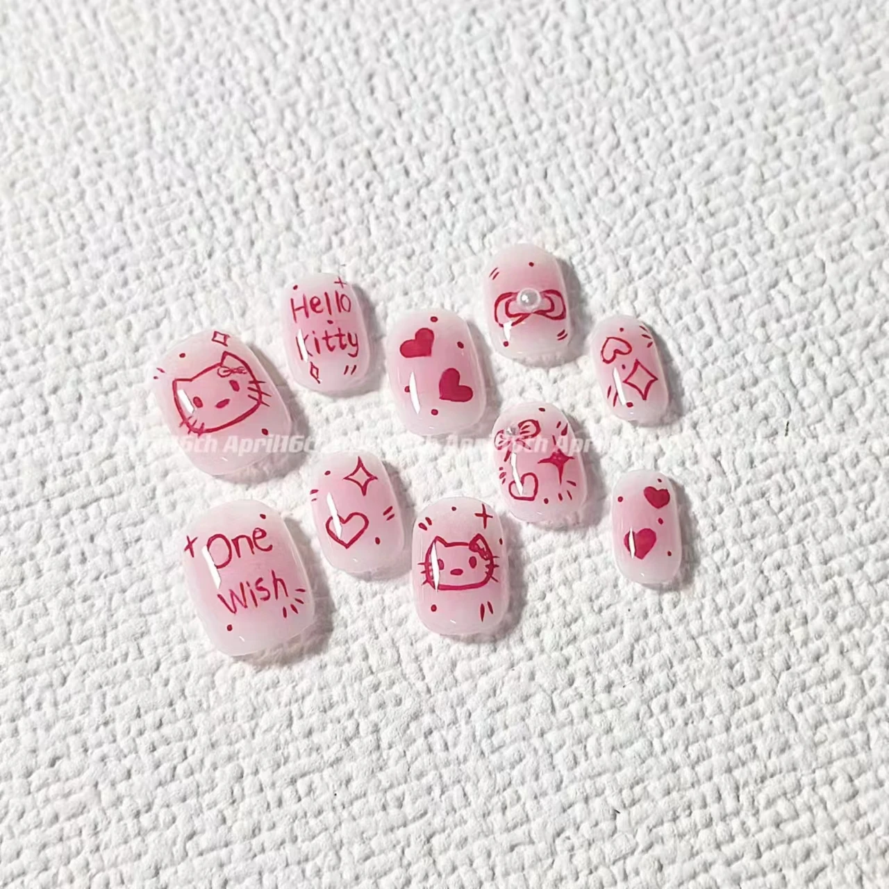 New Pink Girl Hand Painted Cute Cartoon Short Hello Kitty Sweet Girl Wear Nail Pure Handmade Detachable Party Nail Girl Gift