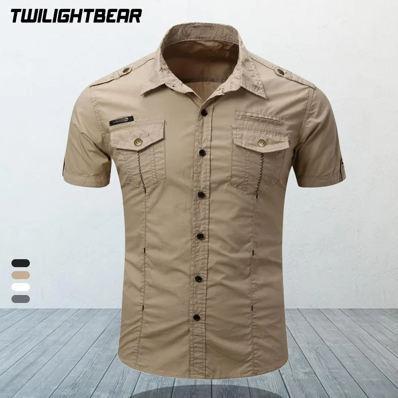 Summer Men's Shirts Oversized Short Sleeve Hunting Shirt Solid Streetwear Cotton Casual Shirt Men Clothing Camping Blouse AF558