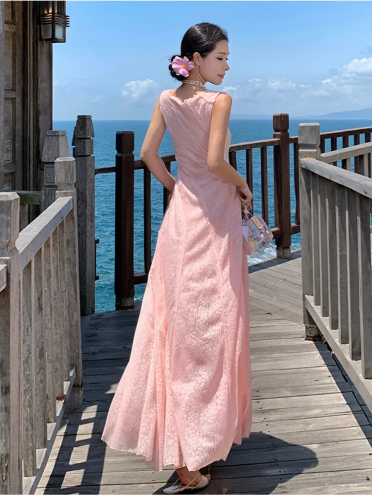 SMTHMA 새 여름 우아한 세련된 핑크 레이스 드레스 여성 한국어 레트로 Vestidos 패션 민소매 오-넥 비치 파티 롱 드레스