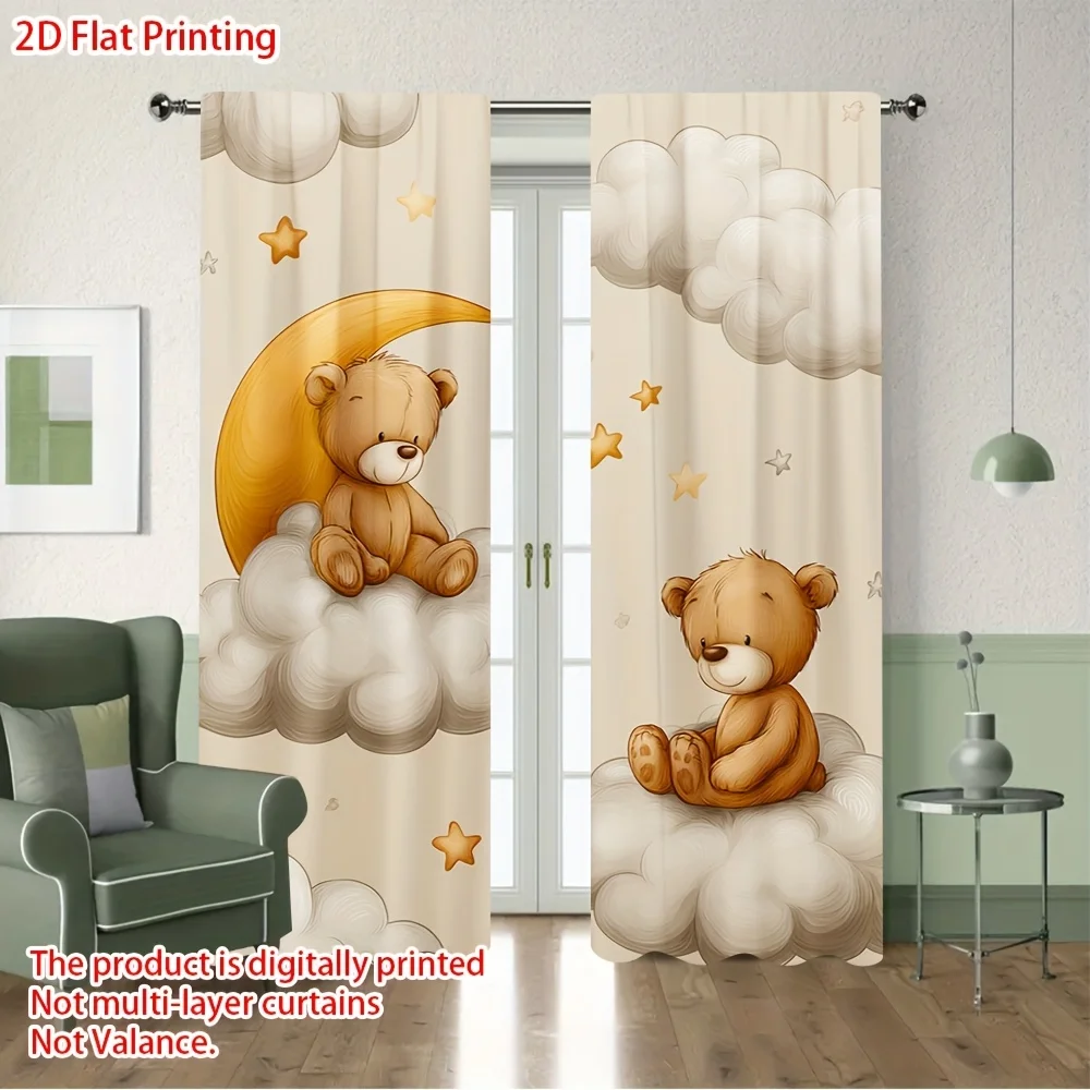 Cartoon Teddy Bear Curtain, Cute Bear on Cloud Moon Print Blackout Curtains, Kids Room Nursery Decor, 2 Panels
