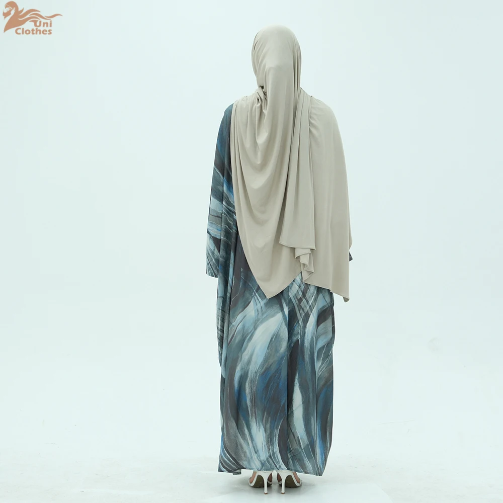 Uni musulmán mujer modesta elegante arrugado satén Abaya abierto mangas con hendidura ropa islámica estampada de lujo Dubai