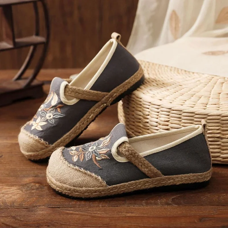 Women Canvas Linen Loafers Handmade Ladies Casual Slip On Sneakers Embroidered Flat Espadrilles  Shoes