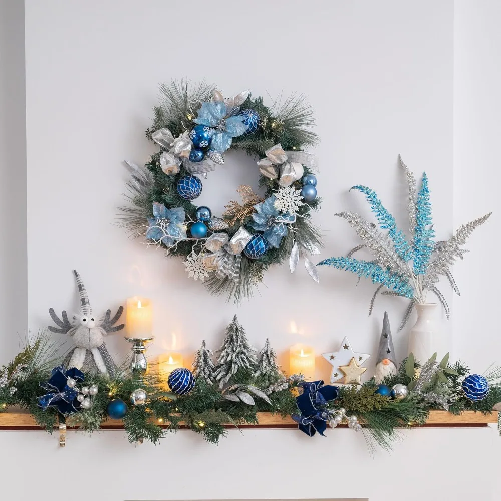 

Pre-Lit Christmas Wreath for Front Door with Lights, 24 Inch Large Lighted Christmas Wreath with Silver Blue Xmas