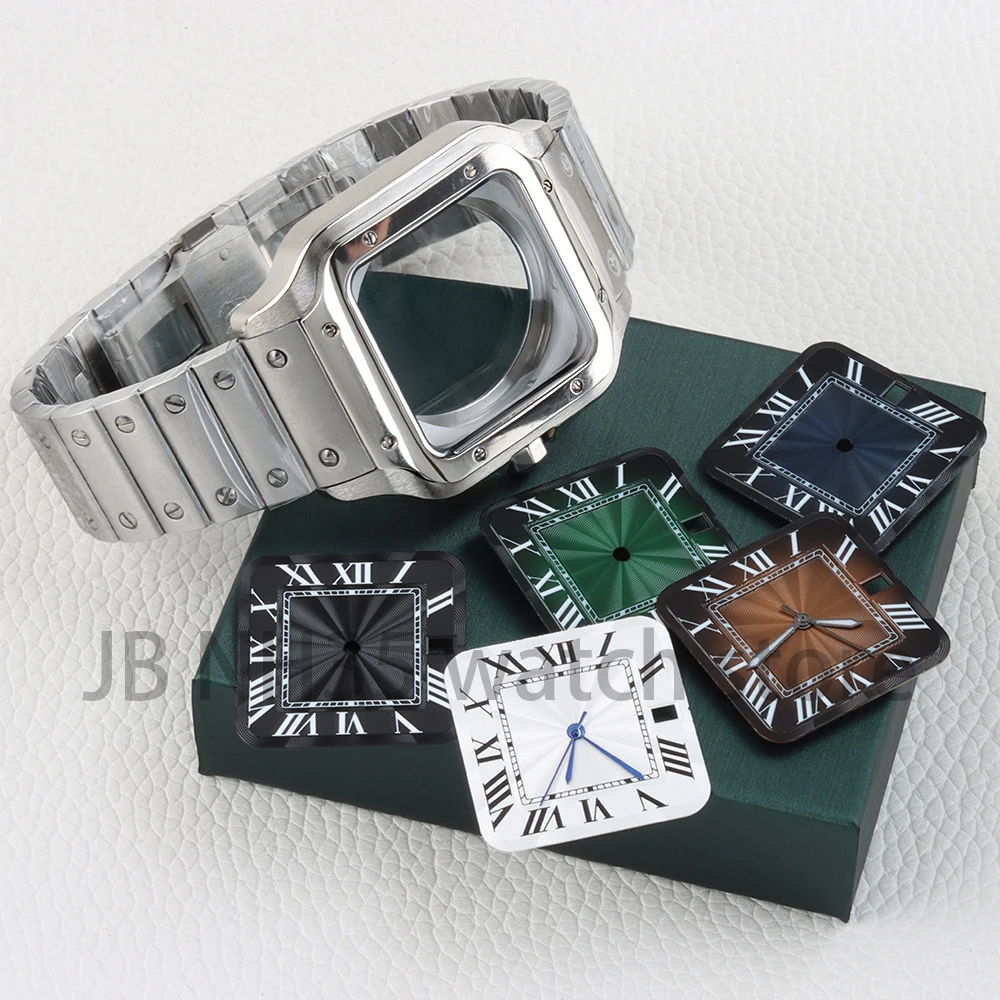 38mm NH35 Watch Case 27mm Square Dial Hands Roman Dial Blue/Back Pointer for Santos NH35/NH36/NH38 Movement Watch Accessories