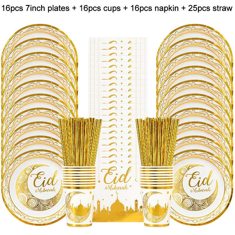 Eid Mubarak Disposable Tableware Gold Plate Cup Banner Gift Bags Islamic Muslim Party Supplies 2024 Ramadan Kareem Decorations