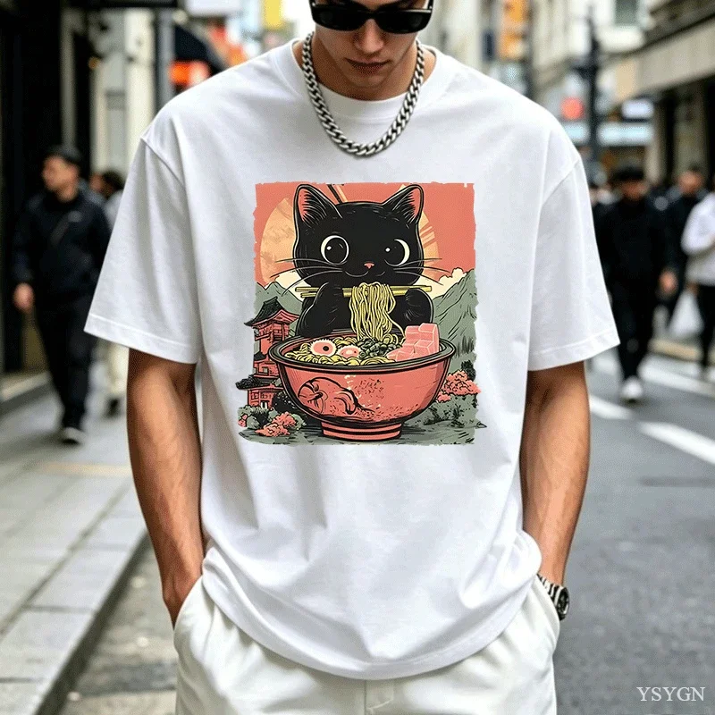Noodle Ramen Cat Shirt Teen Pop Culture Graphic Comfortable Gothic Vintage Classic T-shirt Men 80s Comfortable 2000s Kawaii Tops