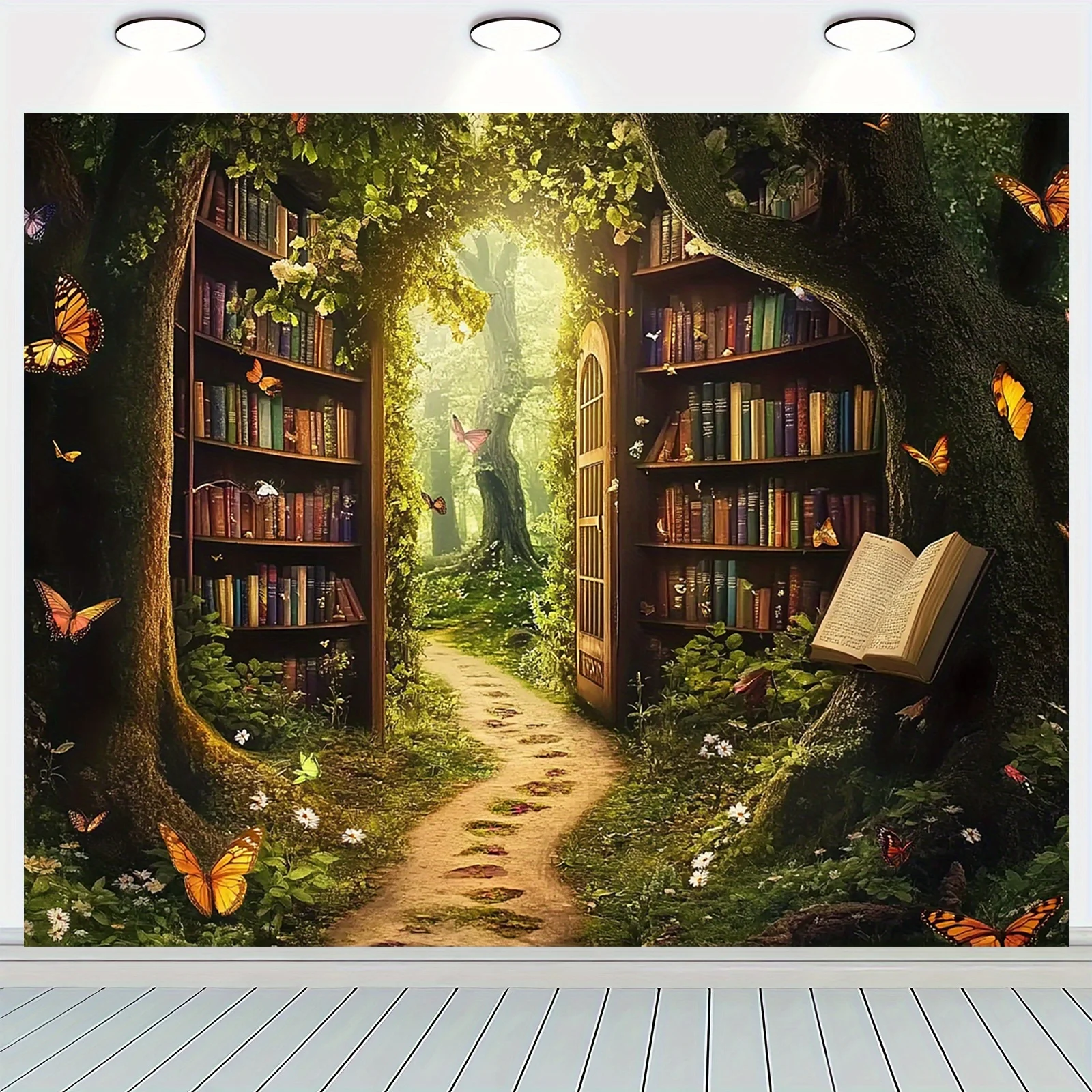 1 piece, Magic Forest Library background banner - Fairy Tale World theme, with bookshelf, butterflies and flowers view 5