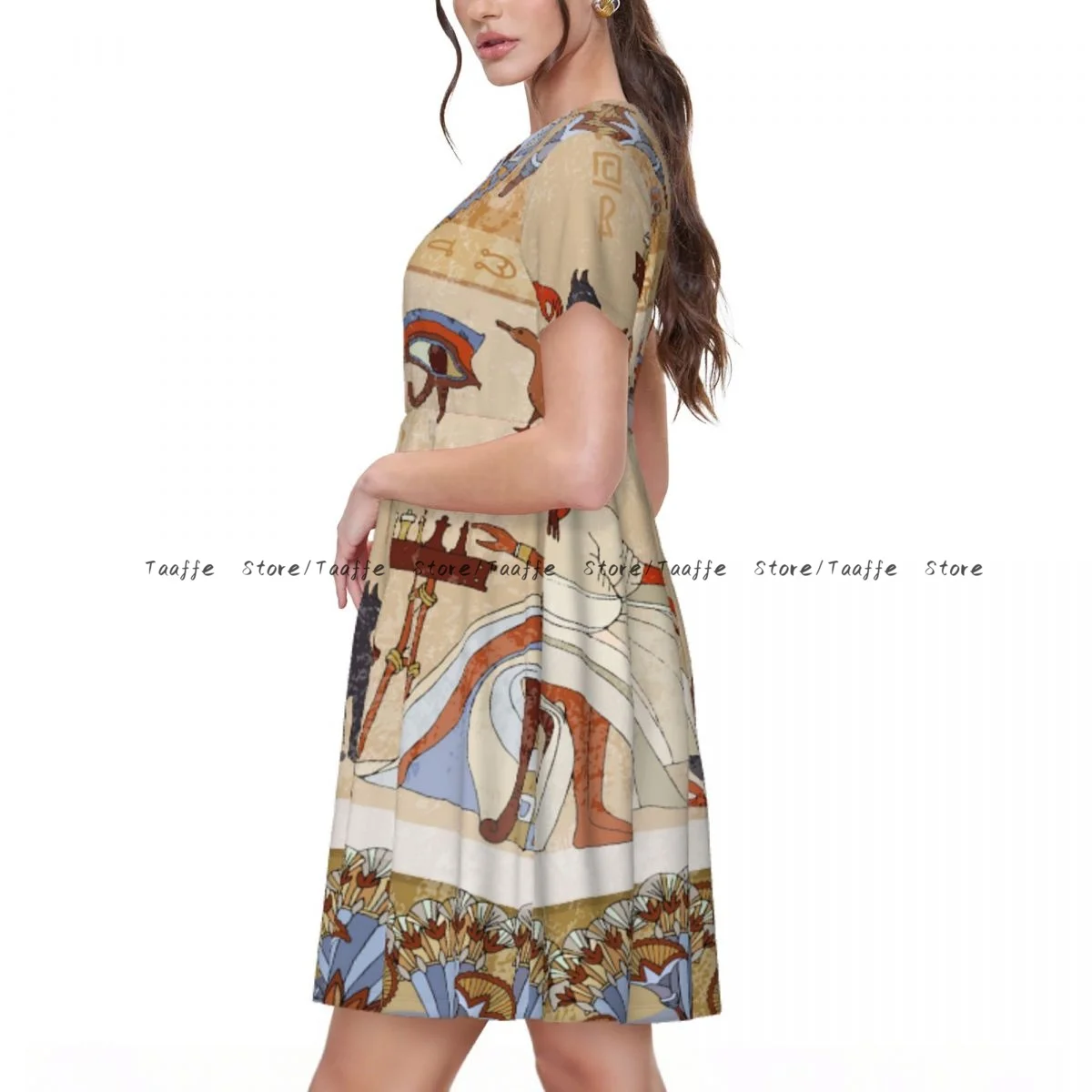 Summer Women's Short Sleeve Waist Dress Women Murals Ancient Egypt Egyptian Gods Hieroglyphic Carvings Round Neck Casual Dress