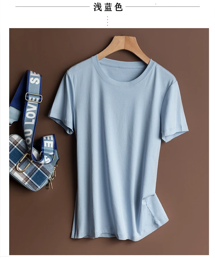 Sommer Hohe Qualität Reine Mercerisierter Baumwolle T-shirts frauen Lose Rundhals Kurzarm T-stücke Weibliche T Shirt Einfarbig Tops – Detail 12