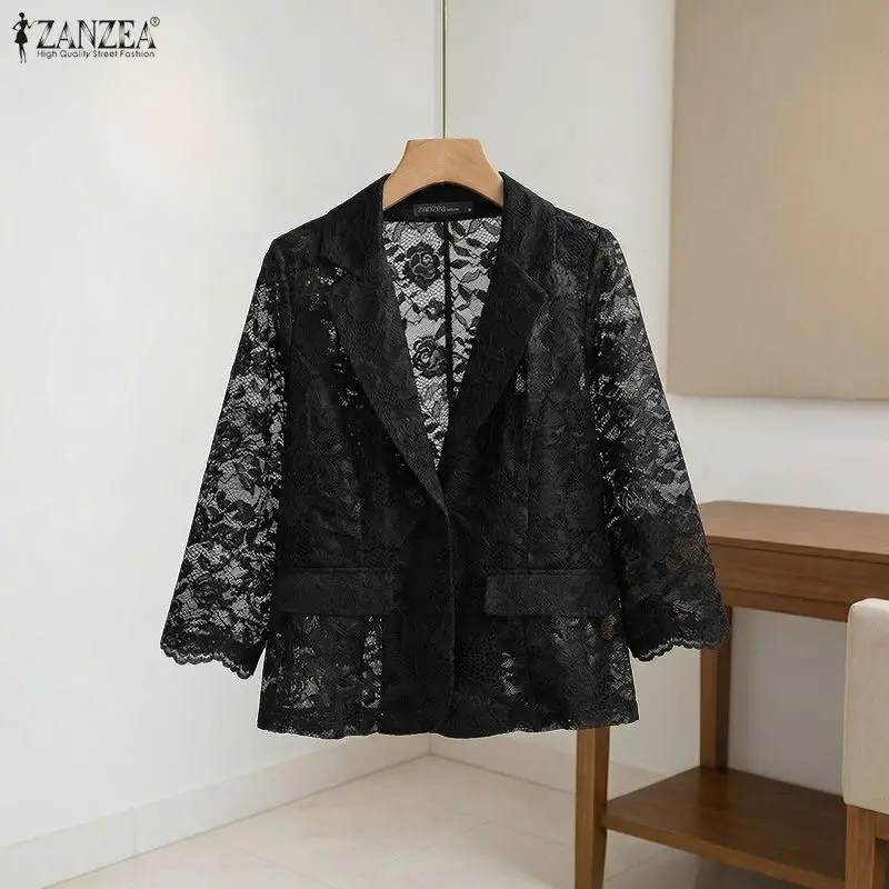 

Women Blazer ZANZEA Fashion Lace Blazer Summer Spring 3/4 Sleeve OL Work Tops See-through Blazer Oversize Party Suits