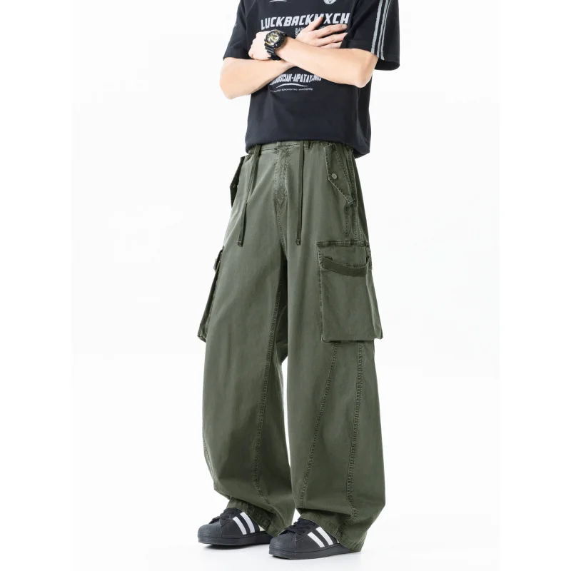 Men's Summer Thin Retro Work Pants Multi Pocket Loose Wide Leg Straight Casual Trousers
