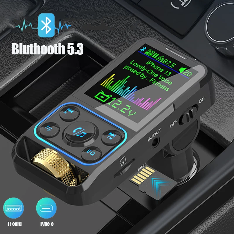 Car FM Transmitter Wireless MP3 Player Handsfree Compatible Bluetooth 5.3 Aux Audio Dual USB QC3.0 Type-c Quick Charge Car Kit