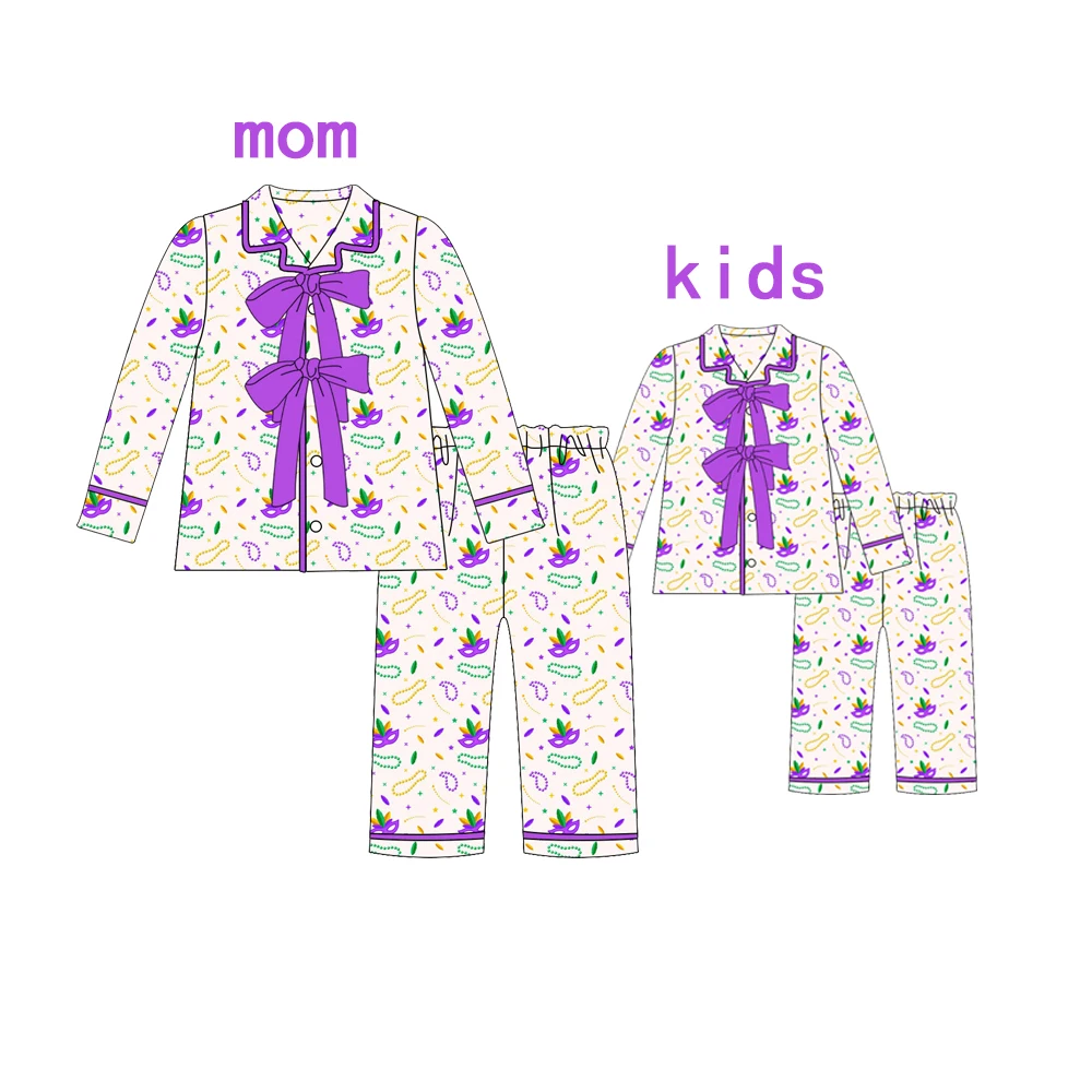 Boutique Family Mardi Gras Clothing Mommy and Me Pyjamas Set Purple Big Bow Pajamas Outfits Ballerina Print Children's Clothing
