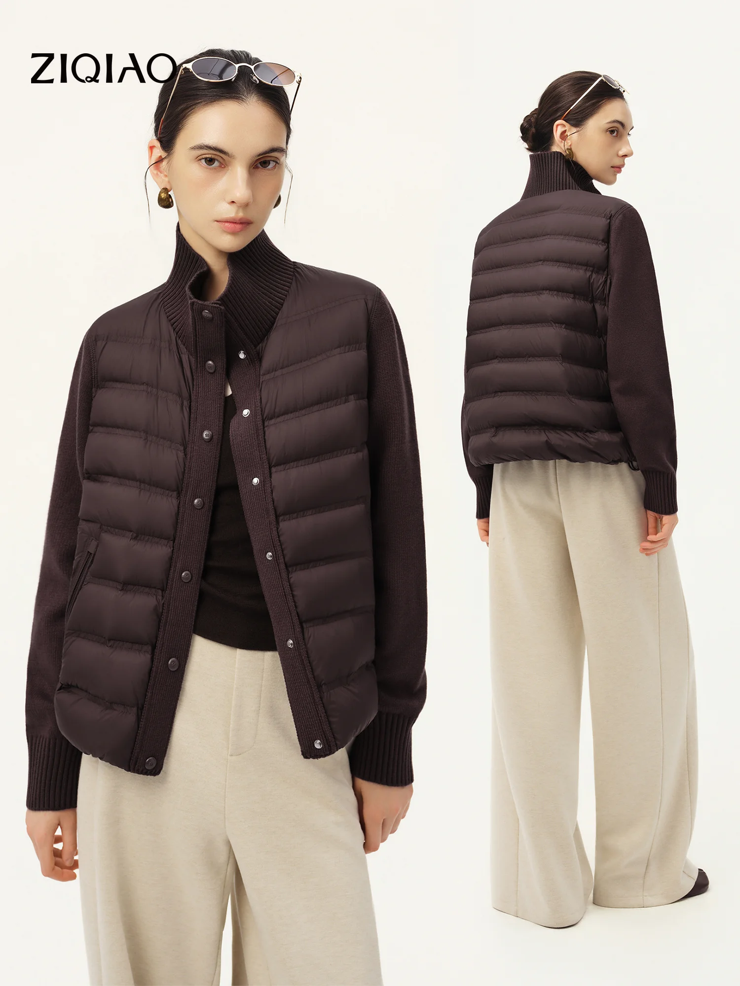 ZIQIAO 2026 Winter Women's Lightweight Stand Collar Knit Paneled Down Coat 90% White Goose Down - Chic Warm Versatile